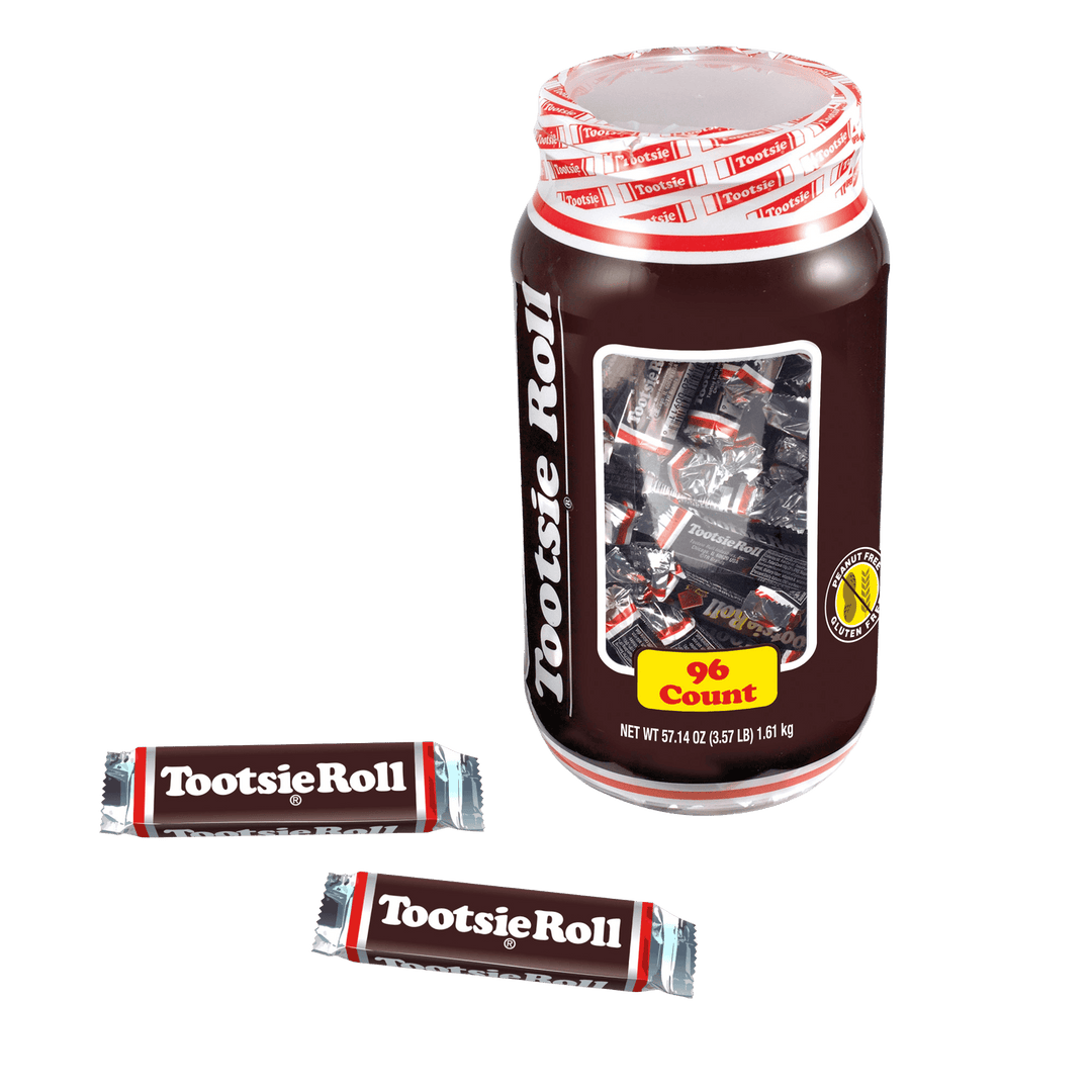Jumbo jar of Tootsie Roll candy with two individual bars