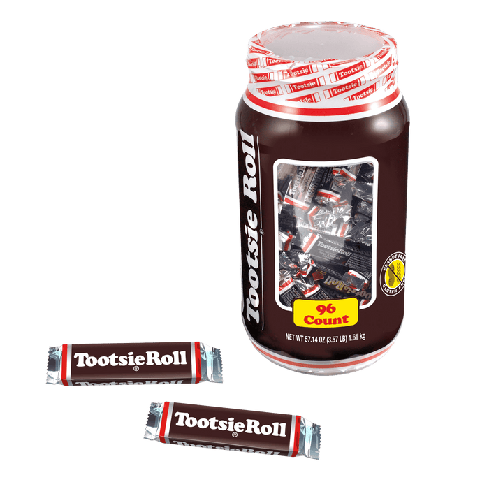 Jumbo jar of Tootsie Roll candy with two individual bars