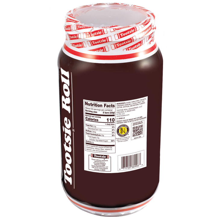 Jar of Tootsie Roll candy with label and red and white lid on a white background