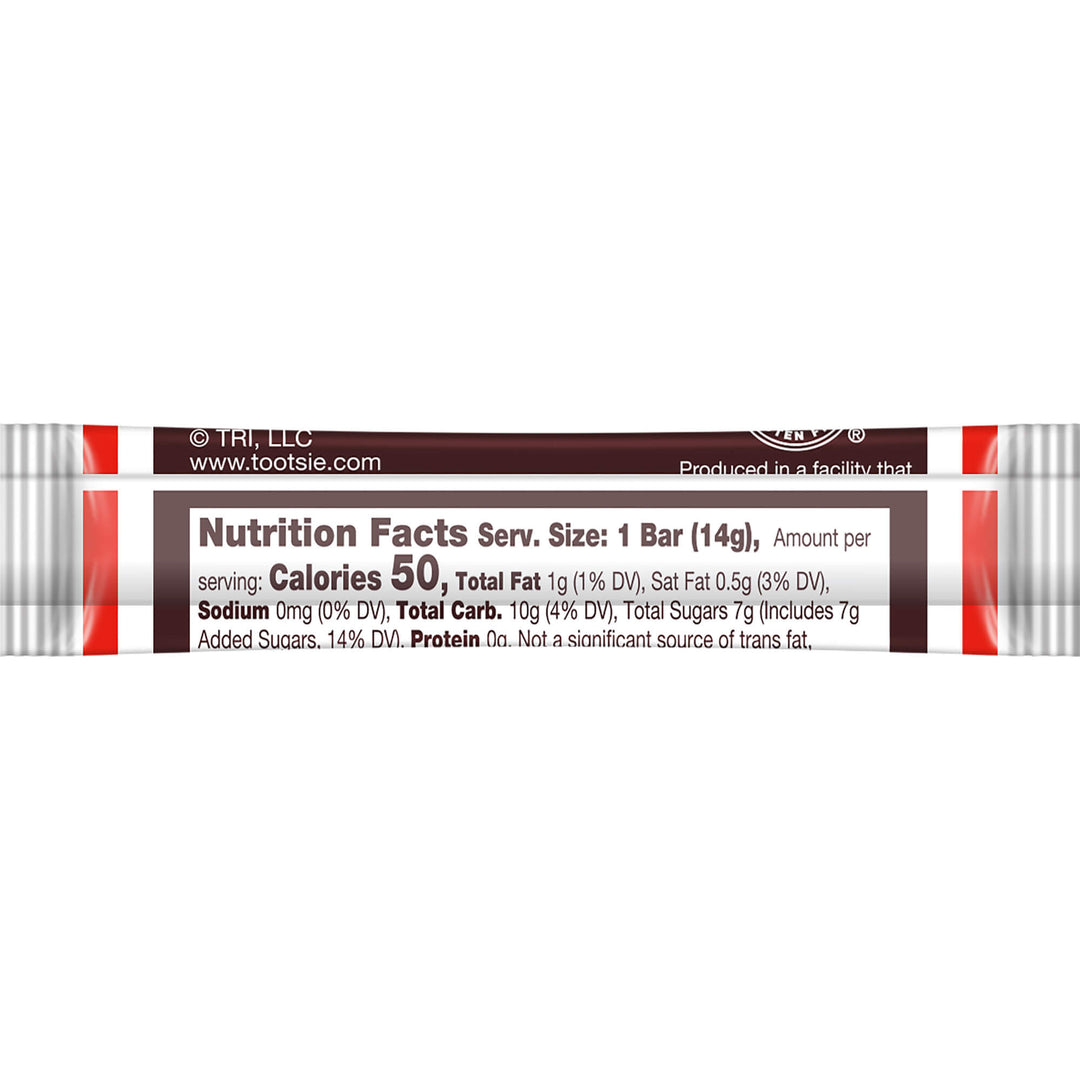 Tootsie Roll candy bar wrapper with nutrition facts on a white background