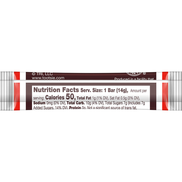 Tootsie Roll candy bar wrapper with nutrition facts on a white background
