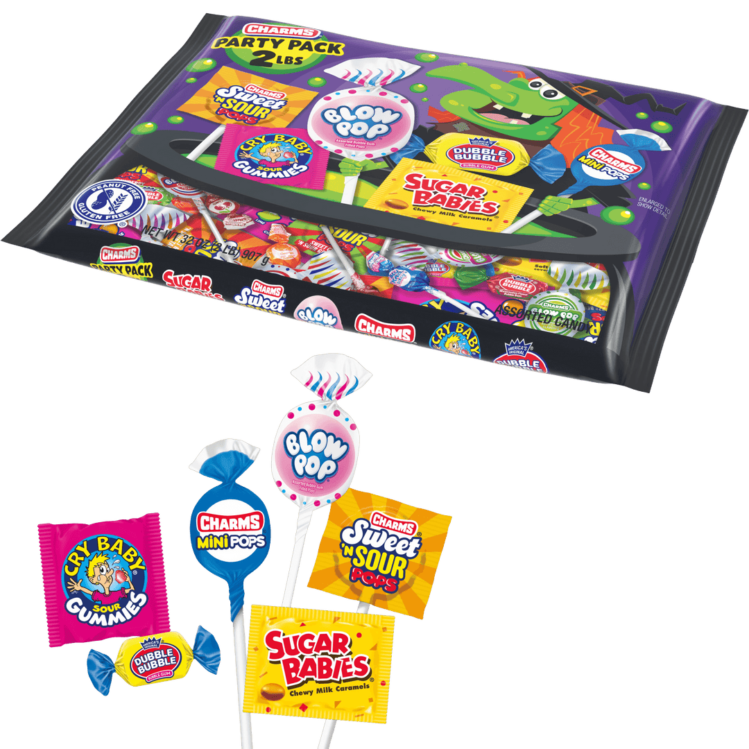 Assorted candy party pack with visible brand logos 
