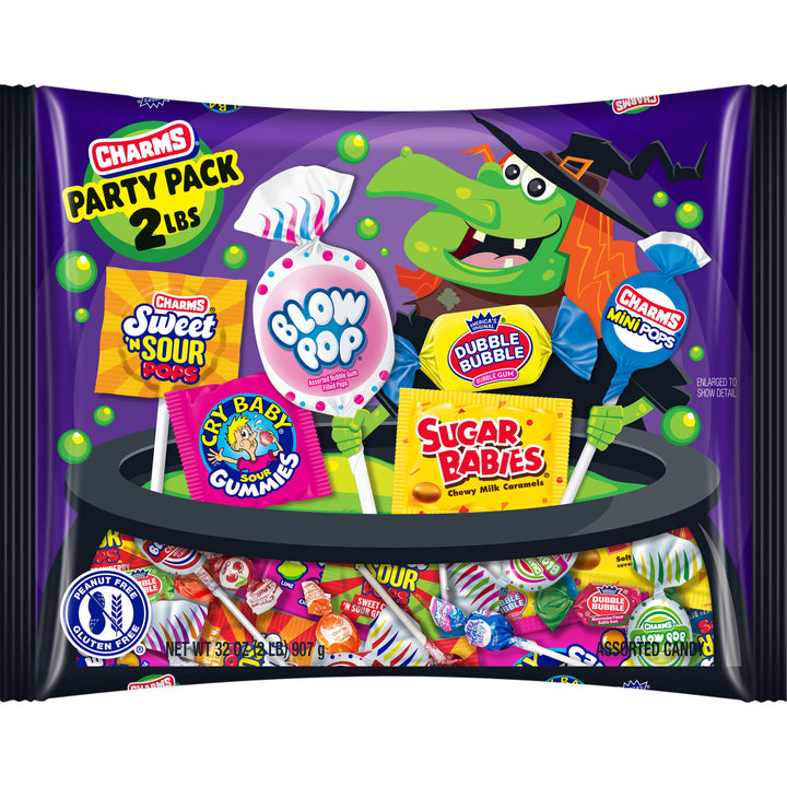 Charms Halloween candy party pack with various candy items on a purple background