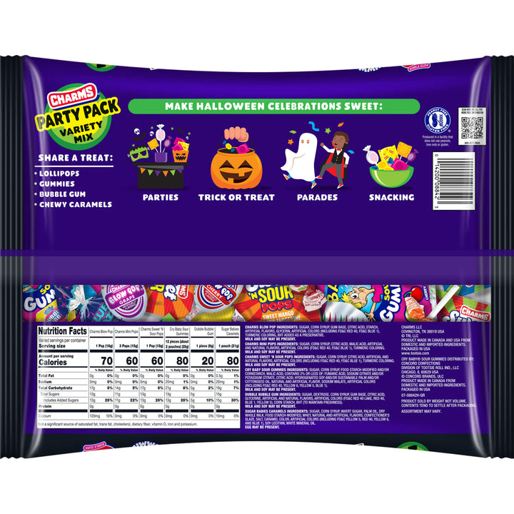 Halloween candy package with colorful graphics and text on a purple background