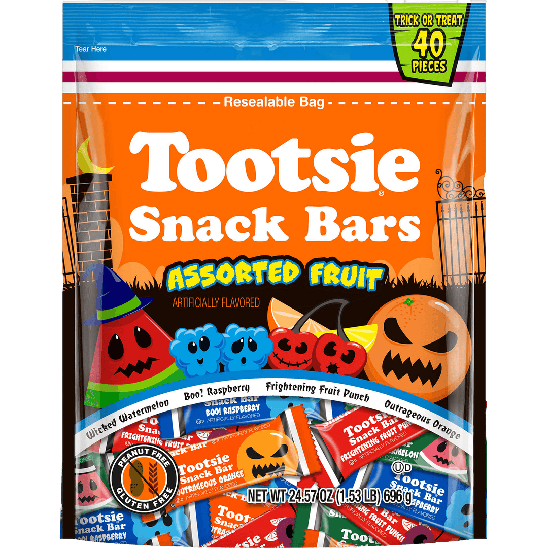 Halloween-themed Tootsie Snack Bars packaging with colorful candy bars and spooky graphics.