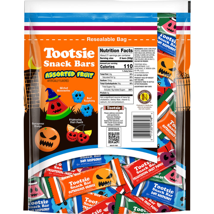 Halloween-themed Tootsie Snack Bars packaging with colorful bars and candy design.