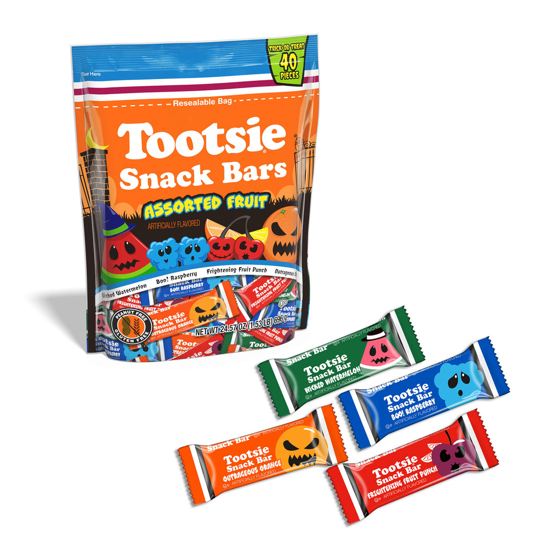 Packaging of Tootsie Snack Bars with Halloween-themed design on a white background