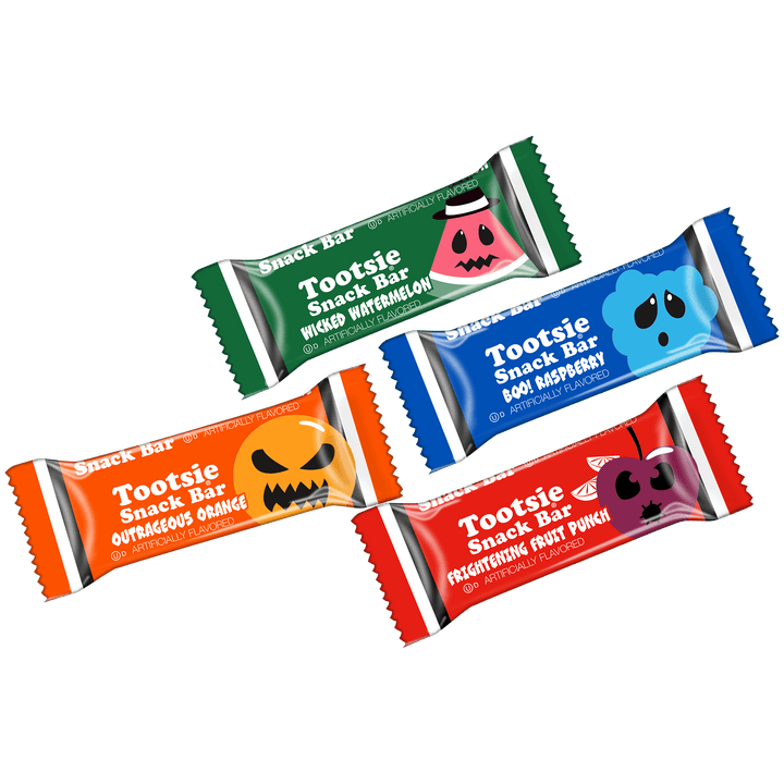 Four Tootsie snack bars in different flavors on a black background