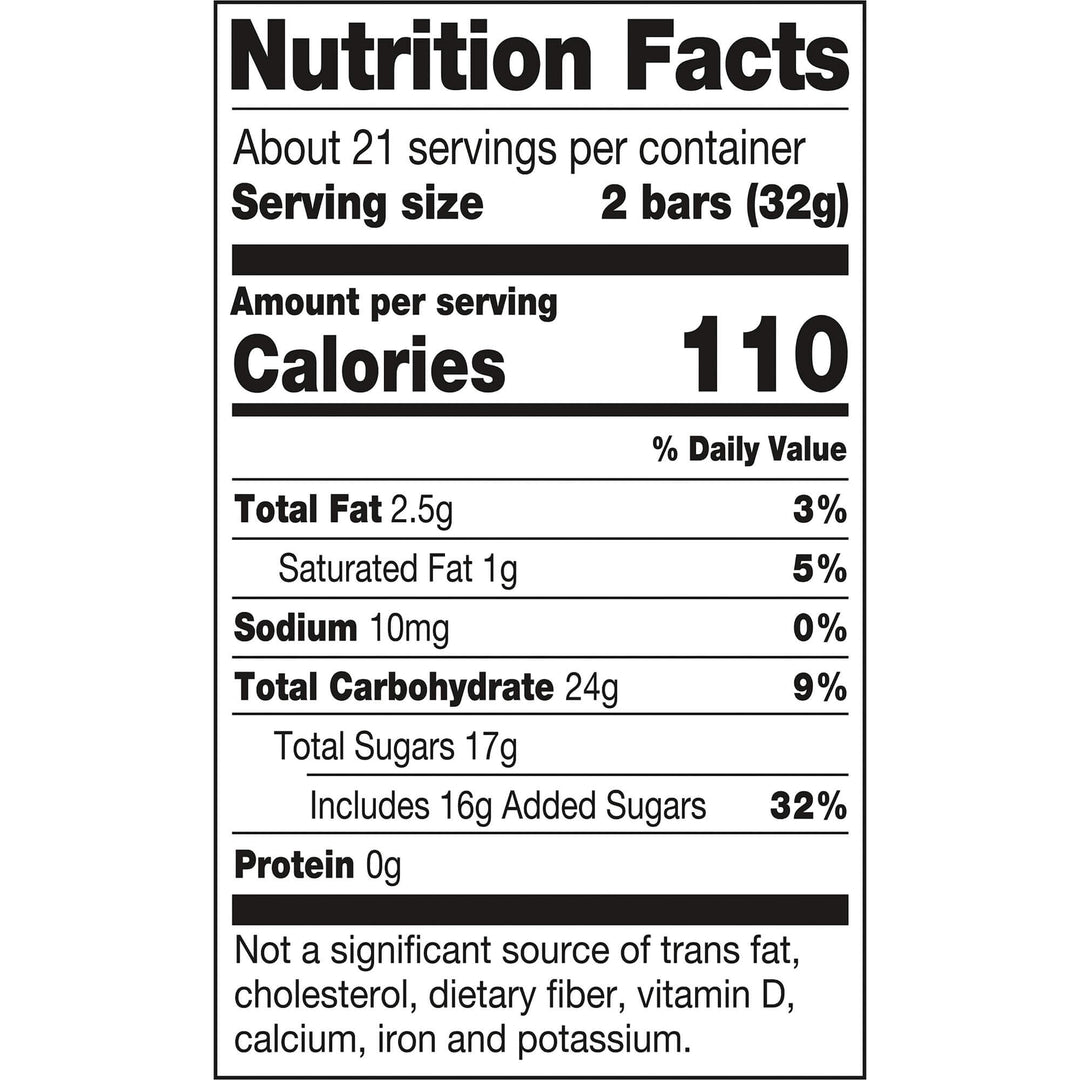 Nutrition facts label for a product with serving size, calories, and nutritional content details.