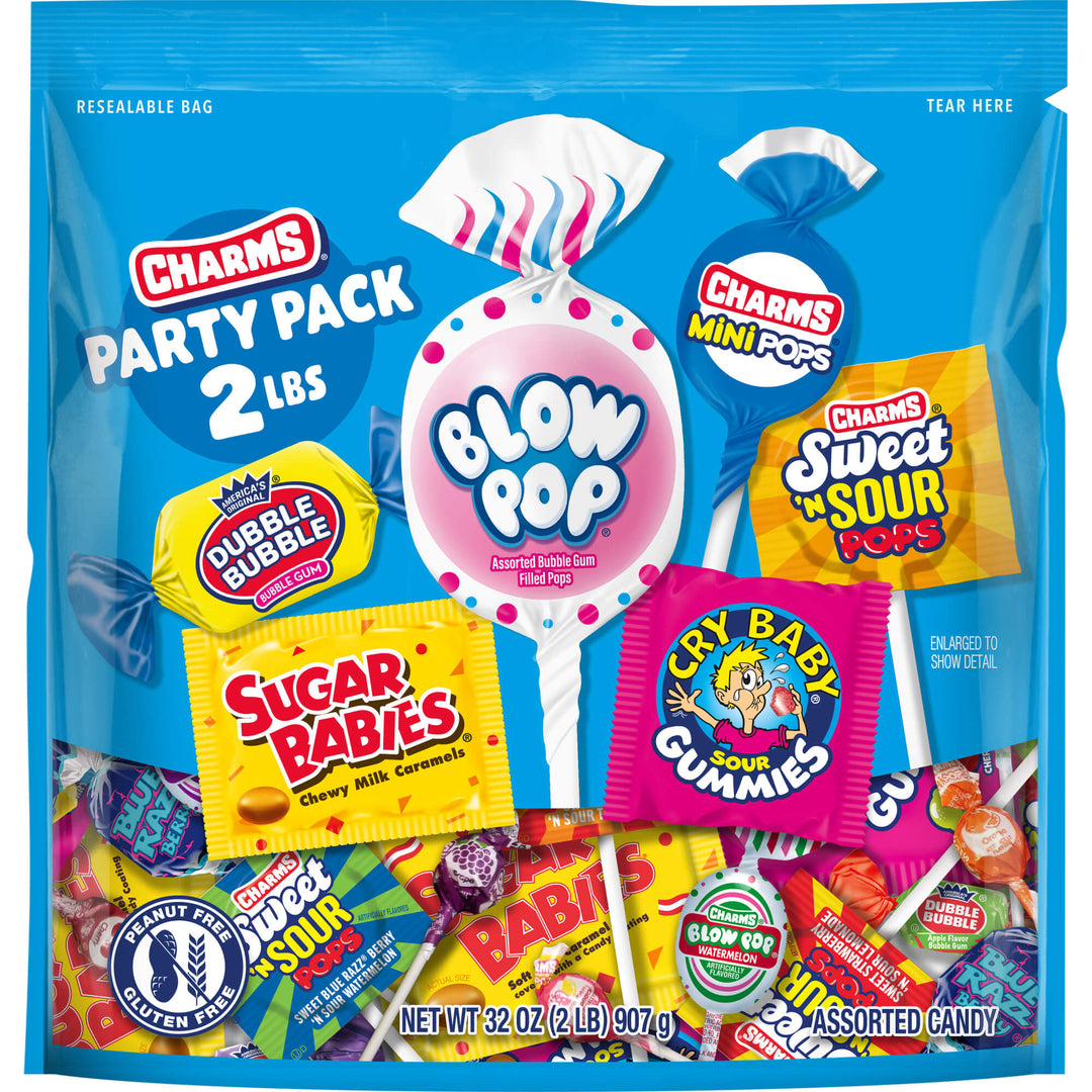 Charms Party Pack with various candy items on a blue background