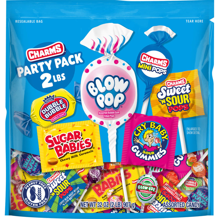 Charms Party Pack with various candy items on a blue background