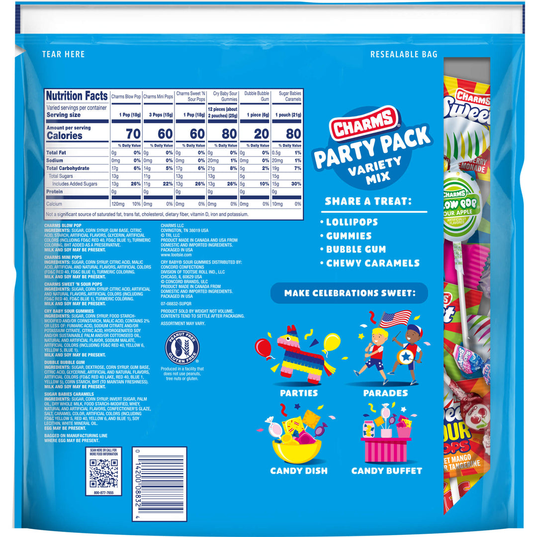 Blue packaging of Charms Party Pack Variety Mix with colorful candy illustrations on a white background.