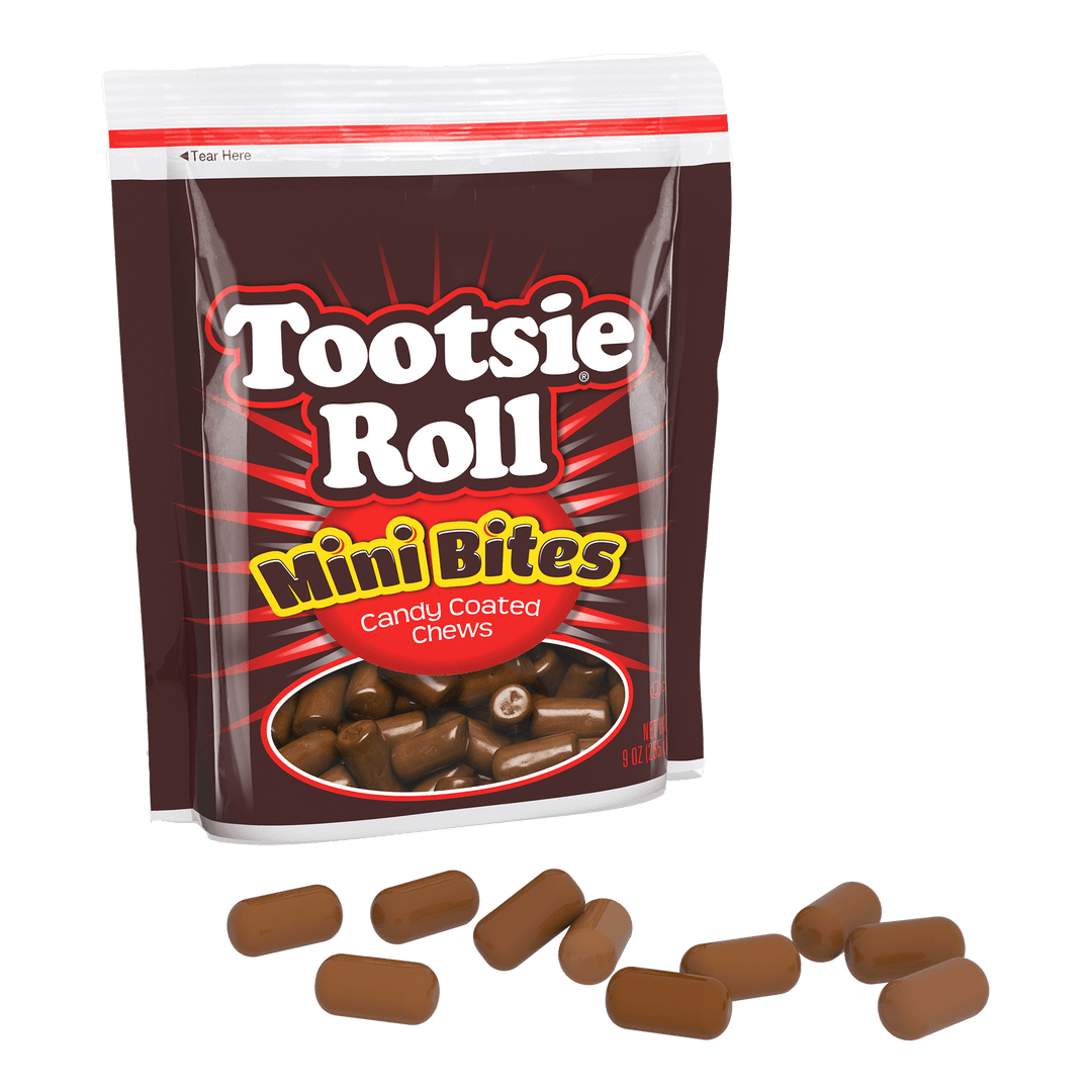 Tootsie Roll Mini Bites (9 oz. Resealable Pouch) with candies next to it