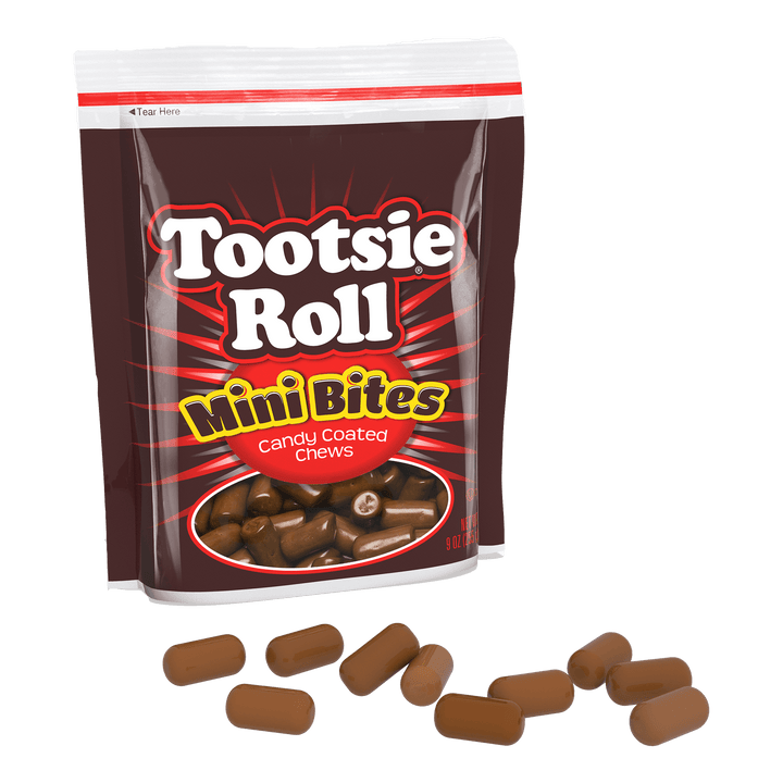 Tootsie Roll Mini Bites (9 oz. Resealable Pouch) with candies next to it