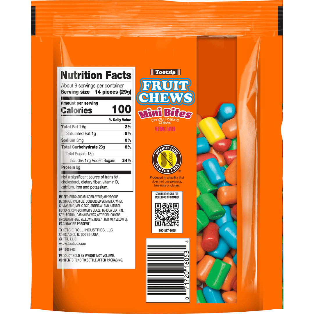 Tootsie Fruit Chew Mini Bites (9 oz. Resealable Pouch) Nutrition Facts Panel