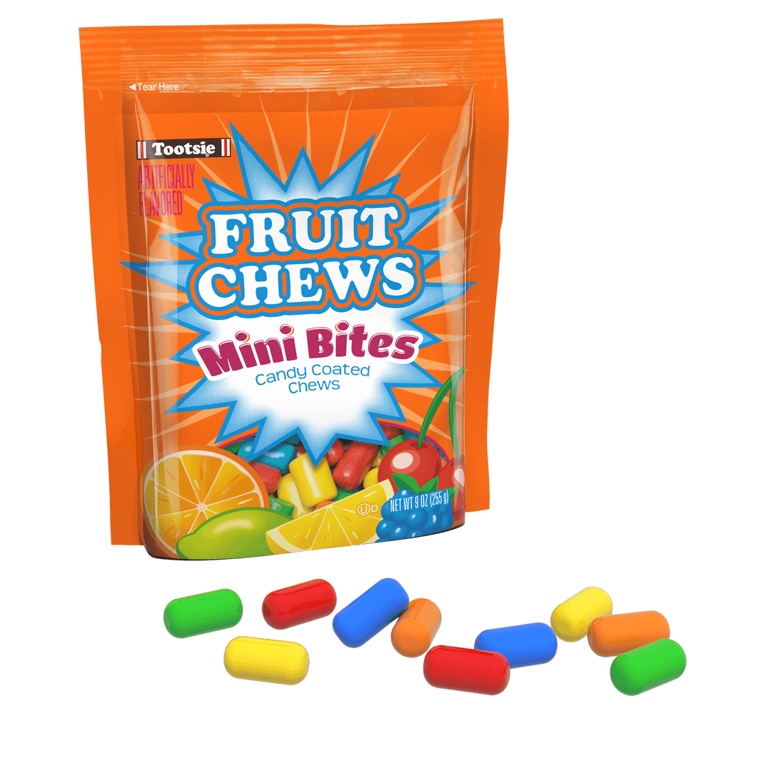 Tootsie Fruit Chew Mini Bites (9 oz. Resealable Pouch) with candies in front of it