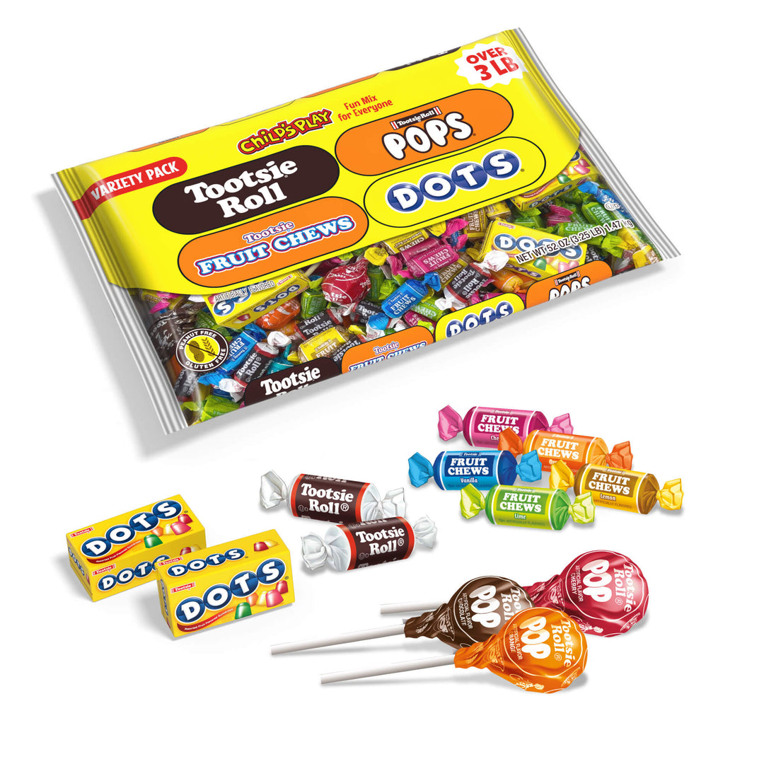 Tootsie Roll Assorted Child's Play 52 oz. Bag with candies next to it