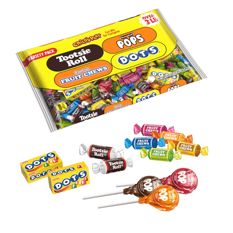 Tootsie Roll Assorted Child's Play 52 oz. Bag with candies next to it
