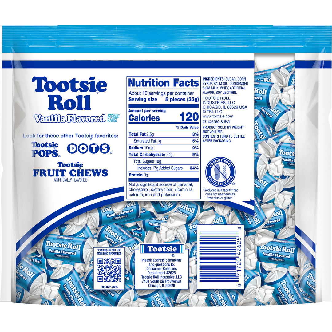 Tootsie Roll Winter Vanilla Flavored Midgees (12 oz. Bag) Nutrition Facts Panel