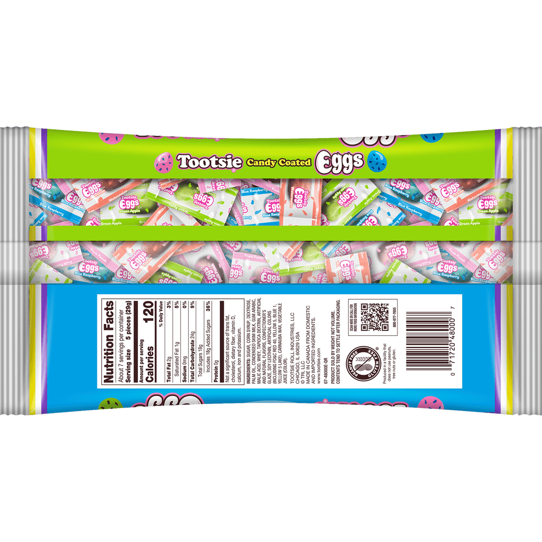 Tootsie Roll Easter Assorted Fruit Flavored Candy-Coated Wrapped Eggs (7.5 oz. Bag) back package with Nutrition Facts panel