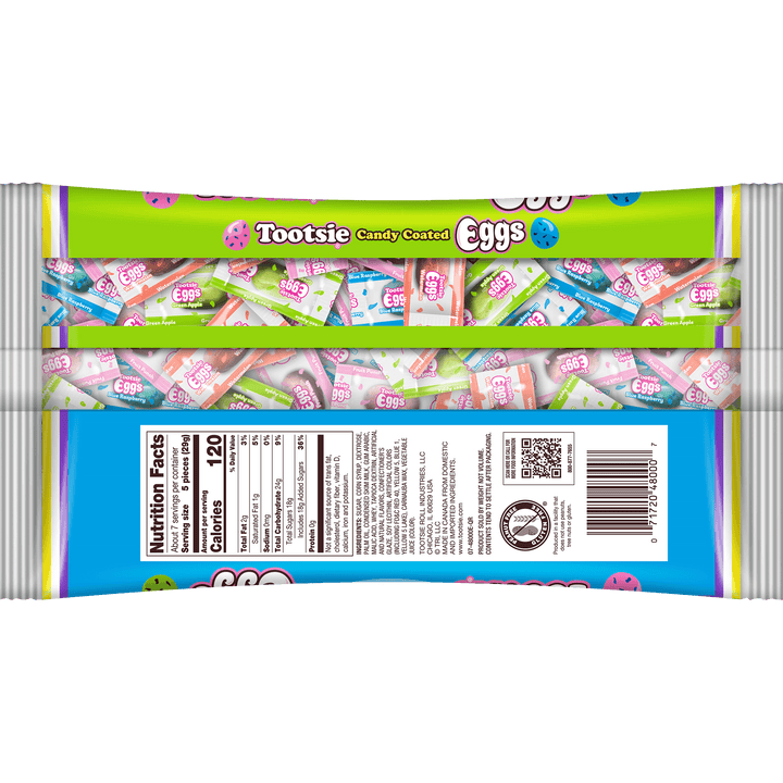 Tootsie Roll Easter Assorted Fruit Flavored Candy-Coated Wrapped Eggs (7.5 oz. Bag) back package with Nutrition Facts panel