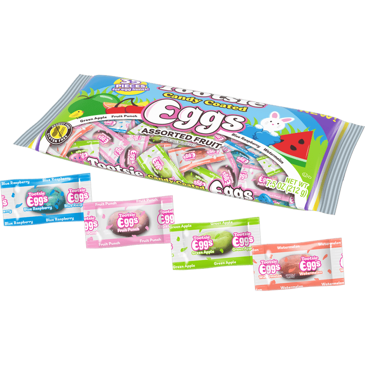 Tootsie Roll Easter Assorted Fruit Flavored Candy-Coated Wrapped Eggs (7.5 oz. Bag) with candies next to the package