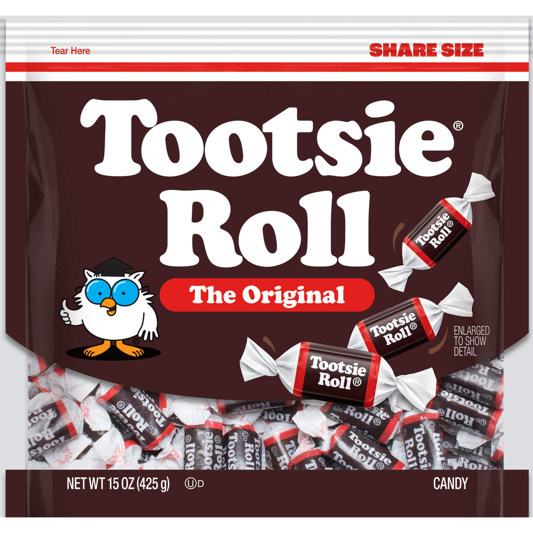 Tootsie Roll candy package with cartoon owl character on a brown background