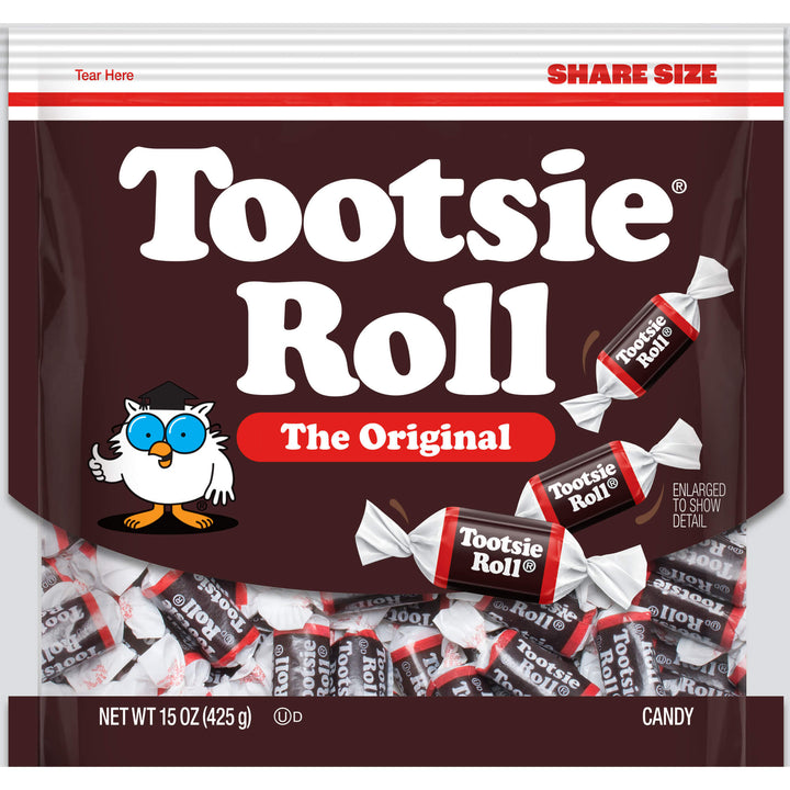 Tootsie Roll candy package with cartoon owl character on a brown background