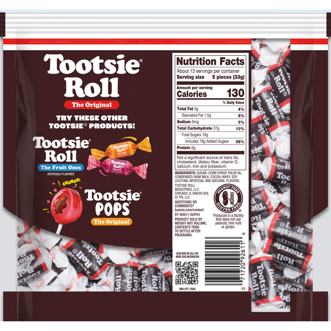 Tootsie Roll candy package with product images and nutrition facts on a white background