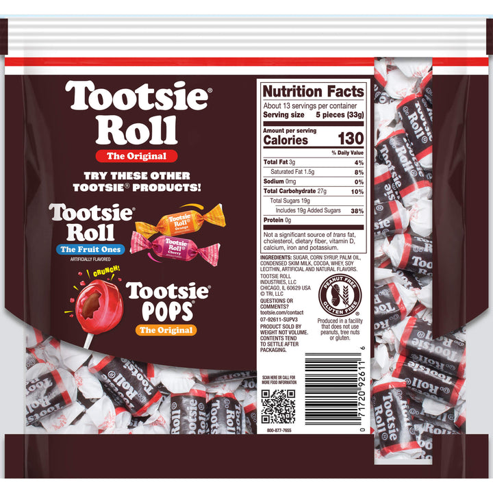 Tootsie Roll candy package with product images and nutrition facts on a white background