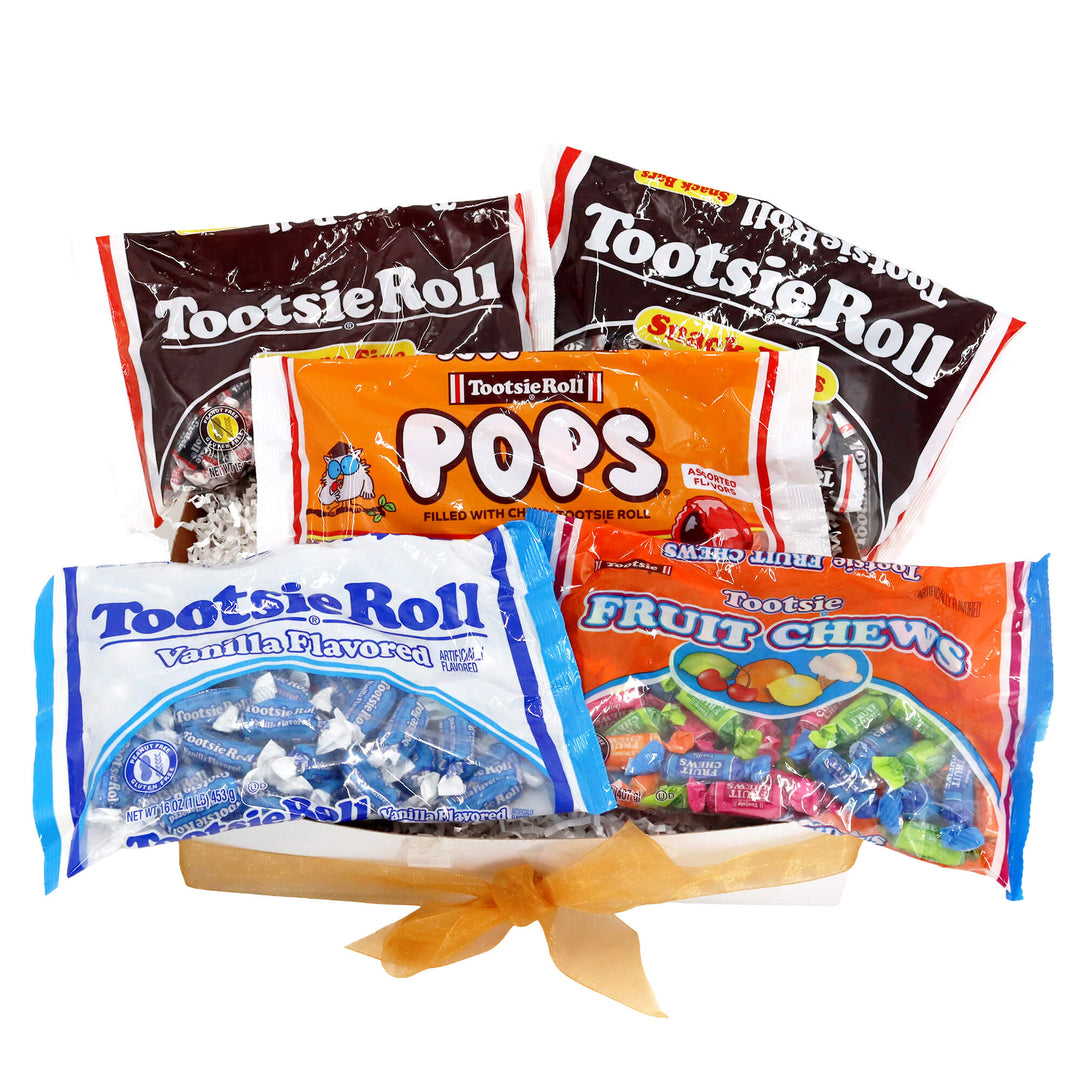 Tootsie Roll Midgees, Tootsie Roll Snack Bars, Tootsie Pop Assorted Flavors, Vanilla Midgees, Fruit Chews Assorted Flavors with gold ribbon on a white background