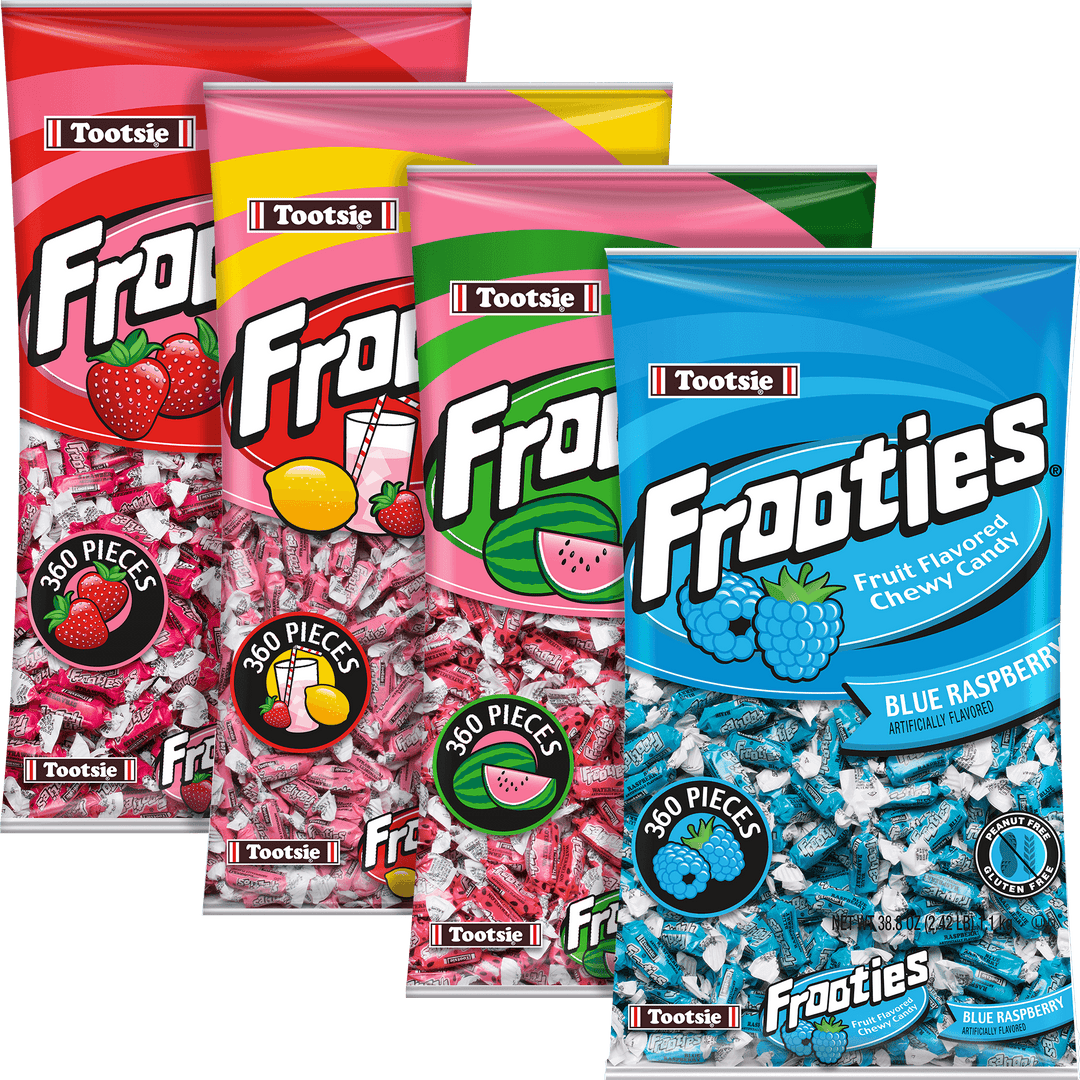 Four packages of Tootsie Frooties candy in different flavors