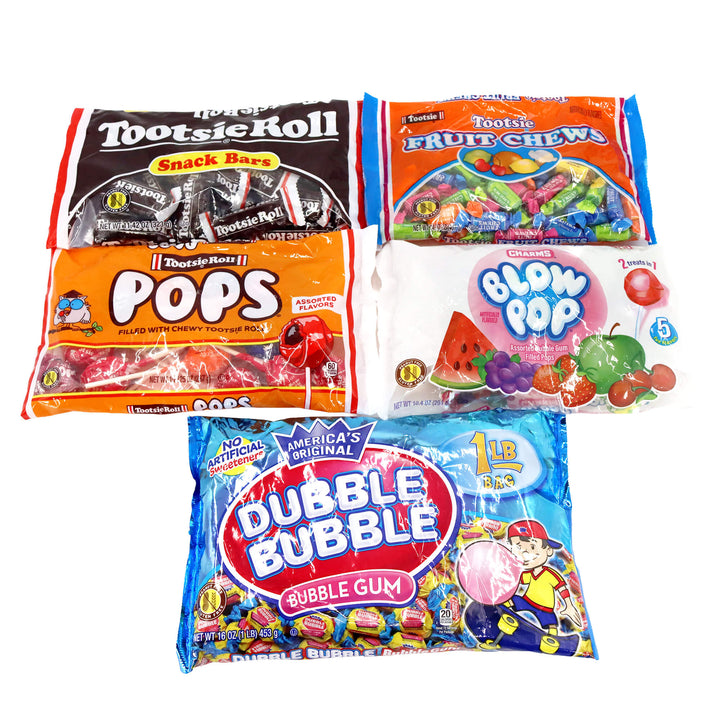 Assorted candy packages including Tootsie Roll, Fruity Chews, Blow Pop, and Dubble Bubble on a white background