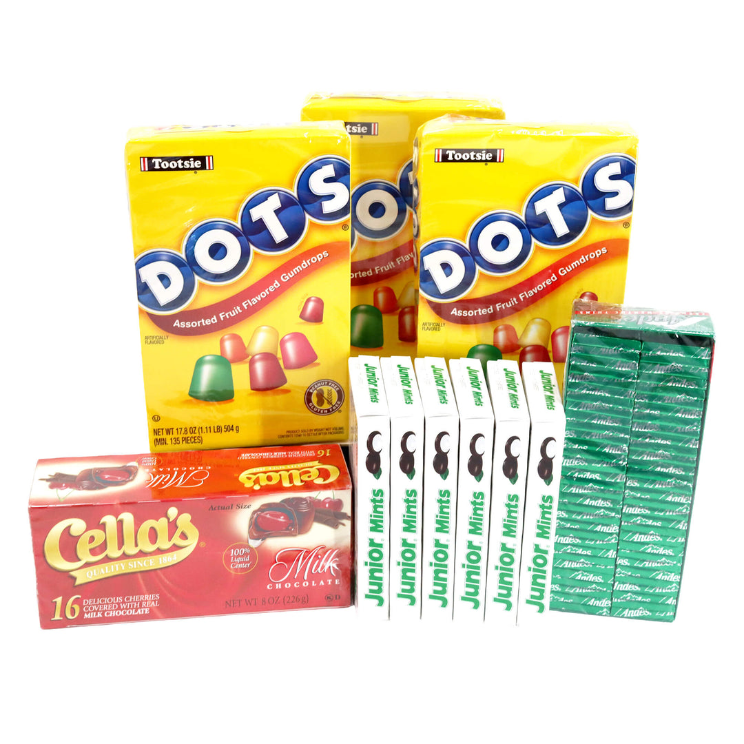 Assorted candy packages including Tootsie Rolls, Cella's Milk Chocolate, and Junior Mints on a white background