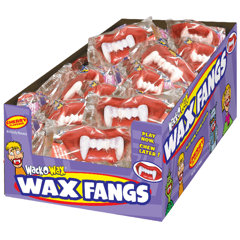 Wack-O-Wax Wax Fangs cherry-flavored candy in a colorful display box