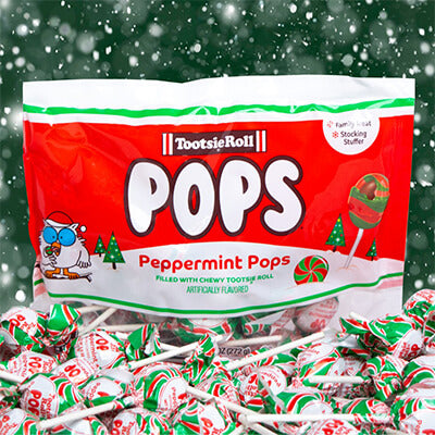 Tootsie Pops peppermint pops with snow as background